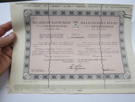 Helsingin kaupunki obligatiolaina 50 000 mk 7,5 % vuosi 1952 Litt. B -obligaatio, yliviivattu mitättömäksi