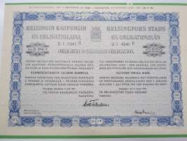 Helsingin kaupunki obligatiolaina 10 000 mk 6 % vuosi 1941 II Litt. D -obligaatio, rasteroitu mitättömäksi