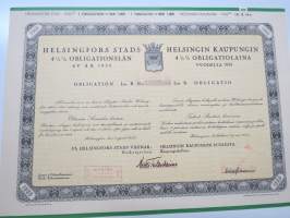 Helsingin kaupunki obligatiolaina 1 000 svenska kronor 4,5 % vuosi 1935 III Litt. B -obligaatio, leimattu mitättömäksi
