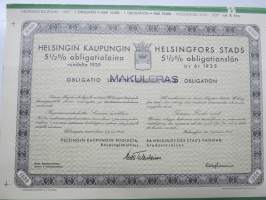 Helsingin kaupunki obligatiolaina 10 000 mk 5,5 % vuosi 1935 I Litt. B -obligaatio, leimattu mitättömäksi