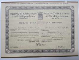 Helsingin kaupunki obligatiolaina 25 000 mk 5,5 % vuosi 1935 I Litt. A -obligaatio, leimattu mitättömäksi