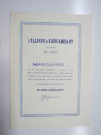 Paajanen & Karkiainen Oy, Loimaa 1945, 5 000 mk -osakekirja, makuleras-leimattu