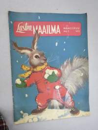 Lasten Maailma 1955 nr 3, tehtäviä, tarinoita, sarjakuvia, päätoimittaja Markus Rautio, takasivu leikattava - yhteenommeltava rasia