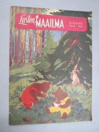 Lasten Maailma 1955 nr 8, tehtäviä, tarinoita, sarjakuvia, päätoimittaja Markus Rautio, kuvituksia mm. Maija Karma, takasivu Paperipoika Yki (paperinukke)