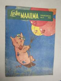 Lasten Maailma 1955 nr 5, tehtäviä, tarinoita, sarjakuvia, päätoimittaja Markus Rautio, kuvituksia mm. Maija Karma, takasivu Perhospeli