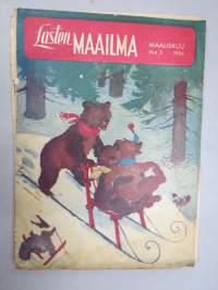 Lasten Maailma 1954 nr 3, tehtäviä, tarinoita, sarjakuvia, päätoimittaja Markus Rautio, kuvituksia mm. Maija Karma, takasivu