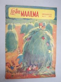 Lasten Maailma 1954 nr 7, tehtäviä, tarinoita, sarjakuvia, päätoimittaja Markus Rautio, kuvituksia mm. Maija Karma, takasivu hyönteisiä heinikossa