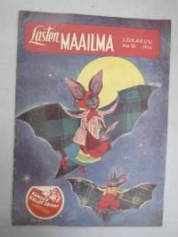 Lasten Maailma 1954 nr 11, tehtäviä, tarinoita, sarjakuvia, päätoimittaja Markus Rautio, kuvituksia mm. Maija Karma, takasivu Yhteentörmäyspeli
