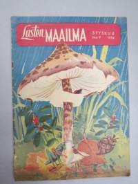 Lasten Maailma 1954 nr 9, tehtäviä, tarinoita, sarjakuvia, päätoimittaja Markus Rautio, kuvituksia mm. Maija Karma, takasivu lukujärjestys