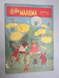 Lasten Maailma 1954 nr 5, tehtäviä, tarinoita, sarjakuvia, päätoimittaja Markus Rautio, kuvituksia mm. Maija Karma, takasivu