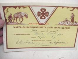 4H Maataloustuotteiden kerhonäyttelyn palkintokirja 1939
