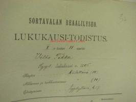 Sortavalan Reaalilyseo, lukukausi-todistus Vilho Tikka 1905