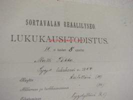 Sortavalan Reaalilyseo, lukukausi-todistus Vilho Tikka 1904