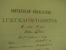 Sortavalan Reaalilyseo, lukukausi-todistus Vilho Tikka 1907