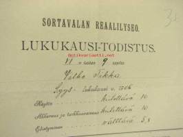 Sortavalan Reaalilyseo, lukukausi-todistus Vilho Tikka 1906