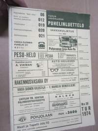 Turun (Turku) jakoalue puhelinluettelo TUR 1974 Turku, Kemiö, Korppoo, Loimaa, Maarianhamina, Salo, Uusikaupunki - Turun liike- ja ammattihakemisto (keltaiset sivut)