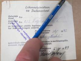 Liikennetoimistoon (Viipurin Raitiotiet) - Kuljettaja nr 612 W.W. Warjoranta on luovuttanut yhtiölle kuuluvan virkapuvun... 15.5.1943 -kuittauslappu / asiakirja