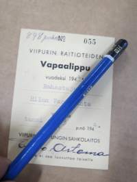 Viipurin Kaupungin Sähkölaitos - Raitiotie-osasto -Vapaalippu nr 055 vuodeksi 1944, rahastaja Hilma Varjoranta, 3.1.1944, leimattu allekirjotus Eino Artama