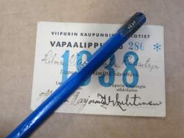 Viipurin Kaupungin Sähkölaitos - Raitiotie-osasto -Vapaalippu 1938 nr 286, rahastaja Hilma Varjoranta