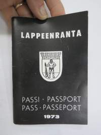 Lappeenranta passi - passport - pass - passeport 1973 -matkailumainos / esitettelykirja paikkaunnan ravintoloista kaupoista, liikenteestä yms.