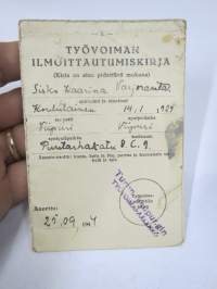 Työvoiman ilmoittautumiskirja Sisko Kaarina Varjorranta, koululainen, synt. Viipuri, 25.9.1944, Turun Työvoimalautakunta