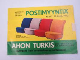 Ahon Turkis, Mieto -postimyyntikuvasto kevät-kesä 1973, takit, lakit, , saappaat, hansikkaat, autovällyt, istuinsuojat, vaatteet, kodin kankaat, ym.
