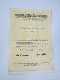 Folkpensionsanstalten - Pensionsbrev nr 88.118.250, 31.7.1953 - August Gunnar Bäckström -eläkevakuttuskirja