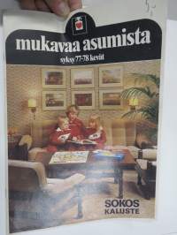 SOKOS Kaluste / Vakiokaluste - mukavaa asumista syksy 77-78 kevät huonekalut -myyntiesite / kuvasto 1970-luvun värejä & muotoja, kansikuvassa pelatan Afrikan tähteä