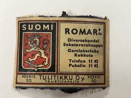 Romars Diversehandel / Romarin Sekatavarakauppa, Gamlakarleby / Kokkola -tulitikkuetiketti