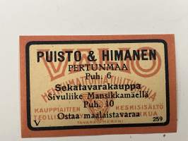 Puisto & Himanen, Pertunmaa, Sekatavarakauppa, Sivuliike Mansikkamäellä, Ostaa maalaistavaraa -tulitikkuetiketti