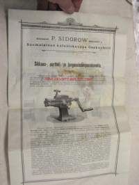 Sikkaus-, pertteli- ja langansisäänpanokoneota läkkitöihin (Peltitöihin) P. Sidorow Oy -myyntiesite