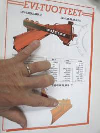 Evi takalan 2, 2 S, T, K / lantatalikot, lumievi, haravakuljetin, Teräsmies lannanpoistolaite, Huvila-Samppa kaislanleikkuulaite -myyntiesite