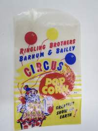 Ringling Brothers - Barnum & Bailey - Circus Pop Corn -sirkusareenalla myytyjen popkornien käyttämätön pussi 1940-luvulta