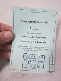 Rengasmatkakuponki 3 Luokka Vuoksenniska - Savonlinna tai Svaonlinna - Vuoksenniska, VR Tampere 4.8.1938 -matkalippu