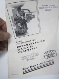 Kinoteatterikoneet (elokuvakoneet) Zeiss-Ikon / Ernemann II ja III, Hahn II, Ernemann I -esitekirjanen vuodelta 1931