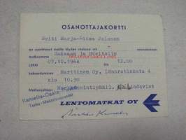 Osanottajakortti Marja-Liisa Jalonen matka Sveitsiin ja Saksaan 7.10.1964 / Lentomatkat Oy, allekirjoittanut Kai Lindqvist