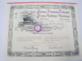 Suomen Höyrylaiva Osakeyhtiö - Finska Ångfartygs Aktiebolag, Helsinki 1937, 5 osaketta / 5 aktier á 1 000 mk, 5 000 mk, Litt. B -osakekirja / share certificate