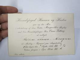 Herredsfoged Hansen och hustru... deras dotter Margarethe och Herr Oscar Zitting.. inbjudde Anna Törngren... v. 1892 -kutsukortti päivällisille