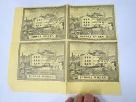Forssa Works (Forssa Aktiebolag, Axel Wahren), 4 etiketin leikkaamaton arkinosa, erittäin harvinainen, ajoitus 1850-luku? -kangaspakan etiketti, englanninkielinen