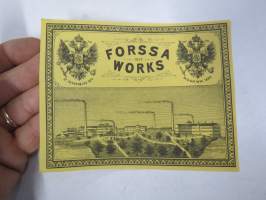 Forssa Works (Forssa Aktiebolag, Axel Wahren), 1880-luku -kangaspakan etiketti, englanninkielinen