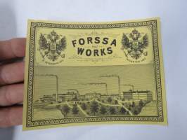 Forssa Works (Forssa Aktiebolag, Axel Wahren), 1880-luku -kangaspakan etiketti, englanninkielinen