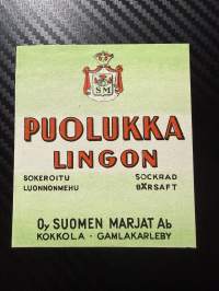 Puolukka sokeroitu luonnonmehu -etiketti