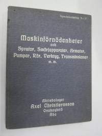 Maskinförnödenheter och Sprutor, Smörjapparater, Armatur, Pumpar, Rör, Verktyg, Transmissioner -kone- ja työkalukuvasto