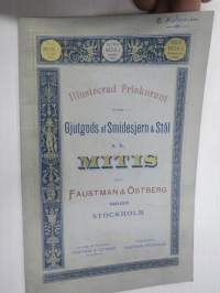 Illustrerad Priskurant öfver Gjutgods af Smidjesjern & Stål s.k. MITIS från Faustman & Östberg (Carlsvik, Stockholm), 1885 -hintaluettelo erilaisille takeille ym.