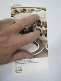 Arabia Ruija design Ulla Procopé / Raija Uosikkinen -myyntiesite malli- ja mittatietoineen