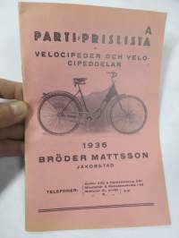 Bröder Mattsson Jakobstad Parti-prislista å velocipeder och velocipeddelar 1936