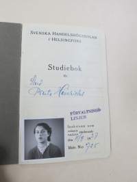 Svenska Handelshögskolani Helsingfors Studiebok för Studeranden Brita Heinrichs, matrikelnummer 725, 1937 -opintokirja