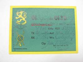 OI3DCZ / OI3DBG Jääkäripataljoona 4 Hämeenlinna 29.10.1954, operator Tauno Peltola -puolustusvoimain radiosähköttäjän yhteyskortti