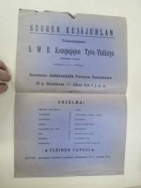 Suuren Kesäjuhlan Toimeenpanee S.W.R. Konepajojen Työv.-Yhdistys (Helsingin osasto) Sortohaan Juhlakentäällä Forssassa sunnuntaina 15.7.1915 -juliste