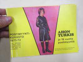 Ahon Turkis, Mieto -postimyyntikuvasto 1971-72, takit, lakit, saappaat, hansikkaat, autovällyt, istuinsuojat, vaatteet, kodin kankaat, ym.